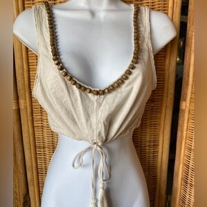 Y2K FREE PEOPLE CROPPED OATMEAL COLOR WOOD BEADED BOHO TOP S